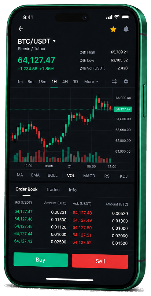 Screenshot of Aster Capitex app on mobile presenting live BTC/AUD chart, order book, and trading features